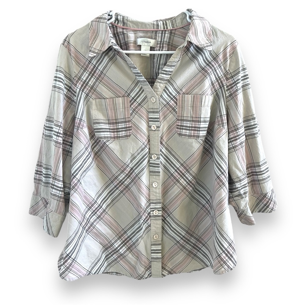 CJ Banks Women’s Gray/White/Pink Plaid Check Lightweight Button Down Size 1X